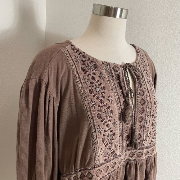 Lucky Brand Womens XL Embroidered Peasant Blouse Brown Long Sleeve Boho Shirt - Picture 2 of 12